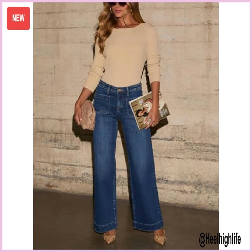 High Waisted Wide Leg Jeans Stretchy Denim Straight Leg Pants - Picture 5 of 6